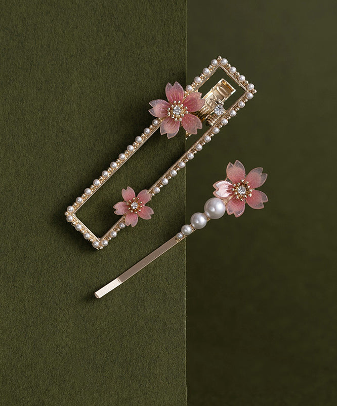 Pink Alloy Zircon Pearl Resin Begonia Flower Hairpin Two-piece Set