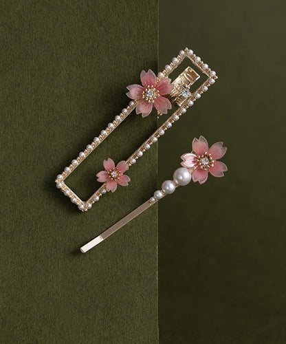 Pink Alloy Zircon Pearl Resin Begonia Flower Hairpin Two-piece Set