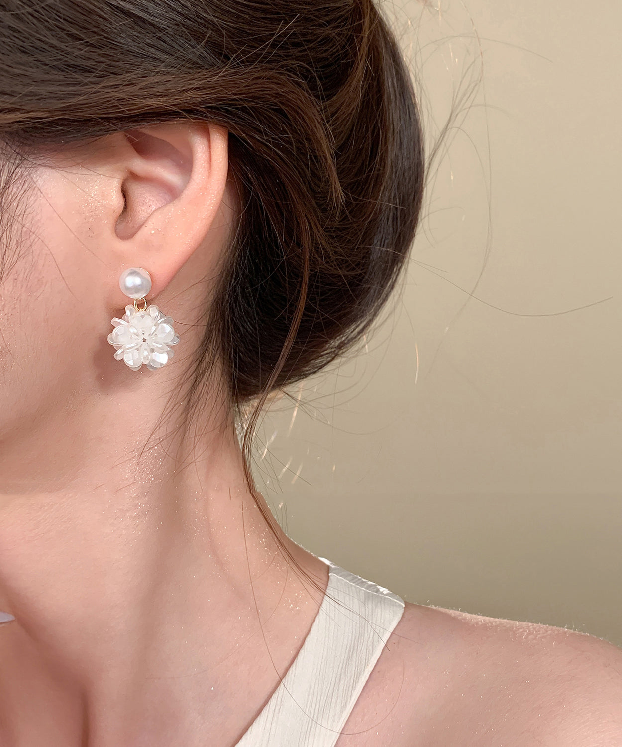French White Sterling Silver Pearl Resin Hydrangea Stud Earrings
