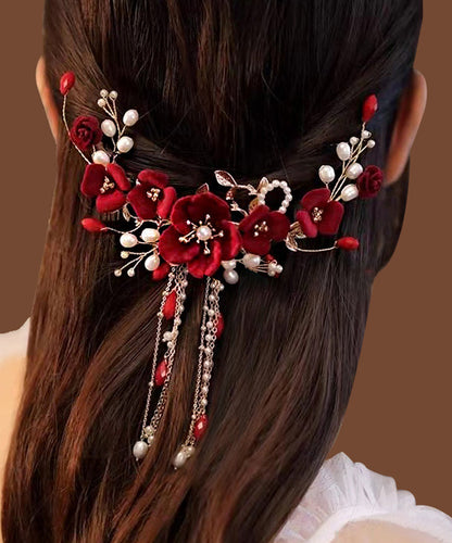 Red Sterling Silver Overgild Pearl Tassel Hairpin