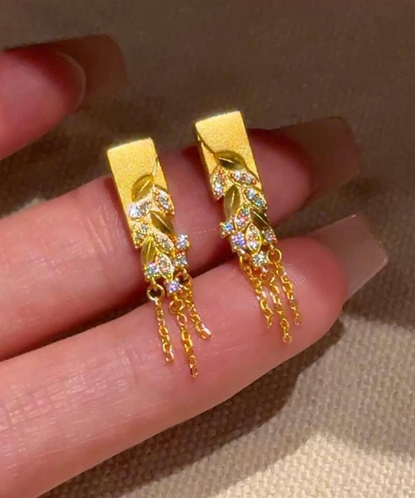 Gold Copper Alloy Zircon Fallen Leaves Tassel Stud Earrings
