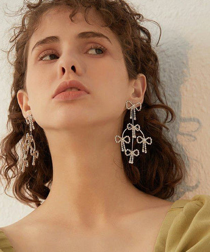 Original Design Bow Zircon Exaggeration Silver Plated Drop Earrings