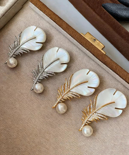 Modern Golden Feather Shape Pearl Fine Zircon Brooch