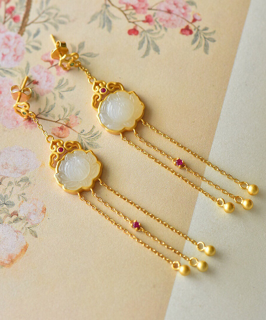 Yellow Sterling Silver Jade Tassel Drop Earrings