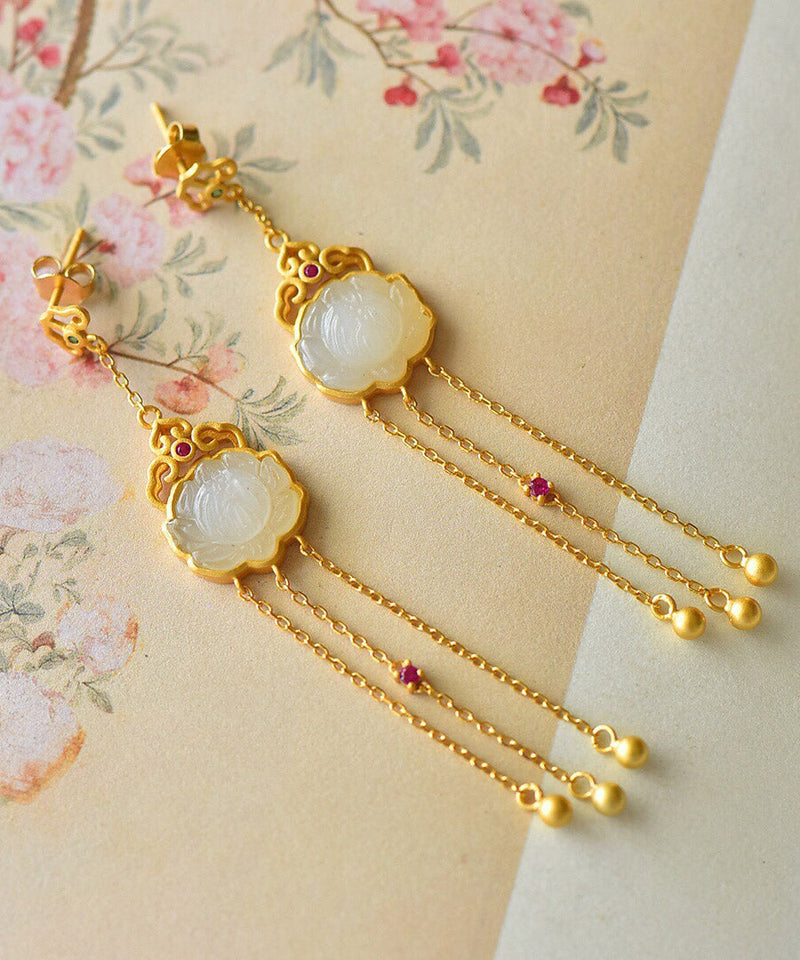 Yellow Sterling Silver Jade Tassel Drop Earrings