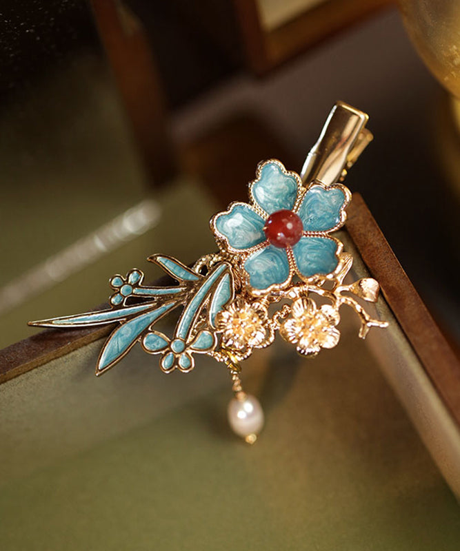 Chinese Style Blue Sterling Silver Overgild Pearl Tassel Hairpin