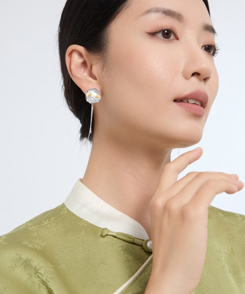 Art White Sterling Silver Shell Little Bird Tassel Drop Earrings