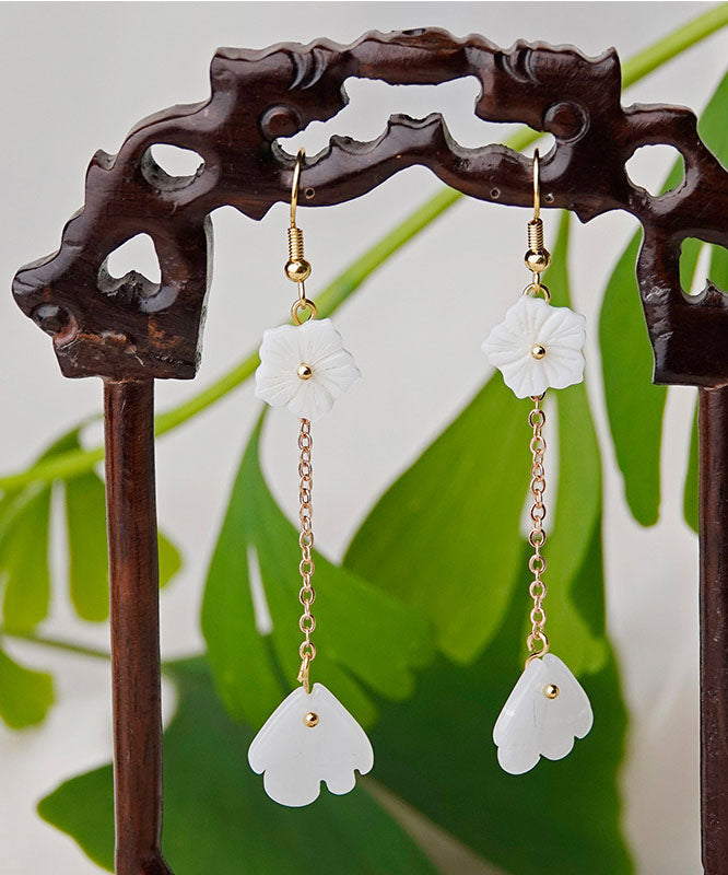 Simple White Coloured Glaze Tassel 14k Gold Drop Earrings