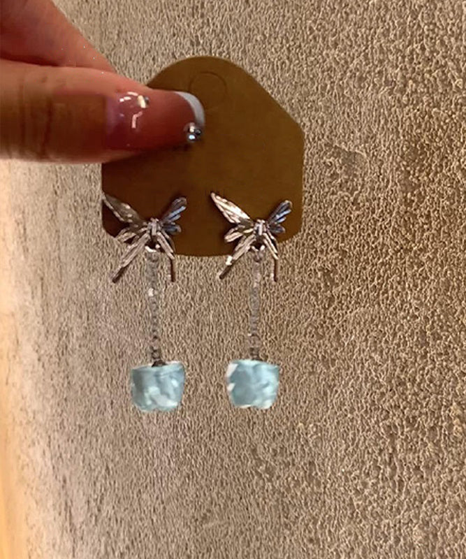 Chinese Style Blue Sterling Silver Butterfly Gem Stone Drop Earrings