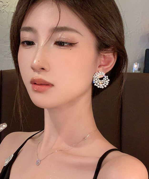 White Sterling Silver Alloy Zircon Pearl Hoop Earrings