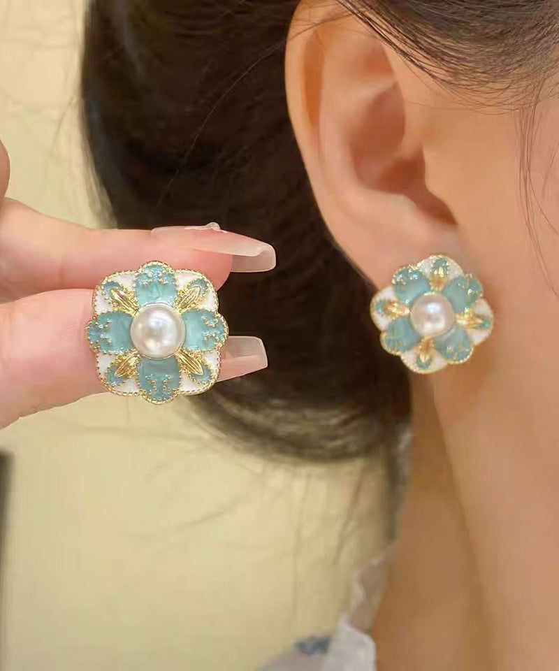 Blue Copper Pearl Stud Earrings