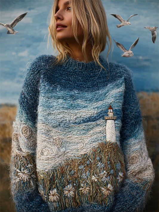 Comstylish Vintage Lighthouse Floral Seascape Art Cozy Knit Sweater