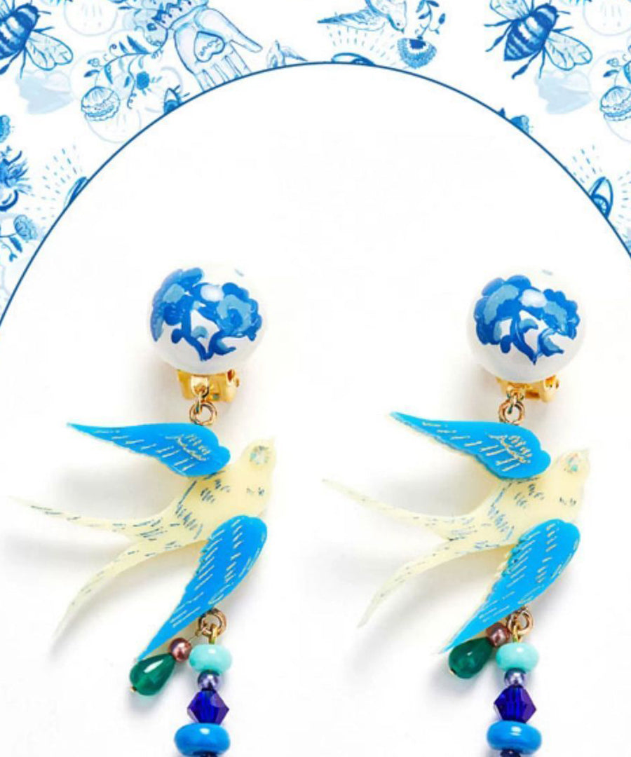 Original Design Blue Alloy Bird in Flight Drop Earrings