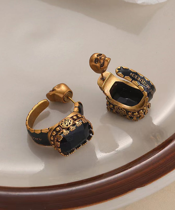 Gold Copper Overgild Gem Stone Skull Hoop Earrings