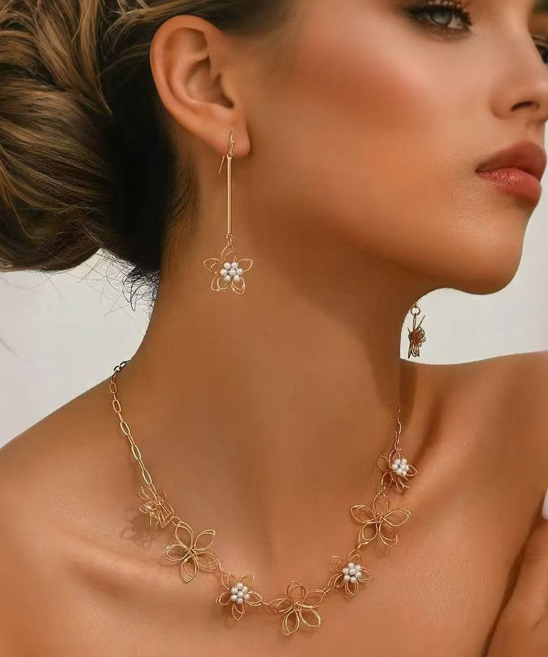 Fine Gold Metal Alloy Hollow Out Lariat Necklace and Drop Earrings Two-piece Set
