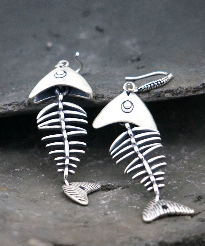 Silk Silver Fish Bone Drop Earrings