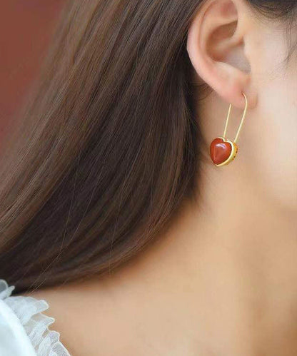 Red Overgild Inlaid Agate Love Hoop Earrings