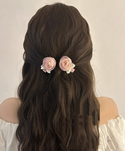 Art Pink Chiffon Pearl Rose Bow Hairpin