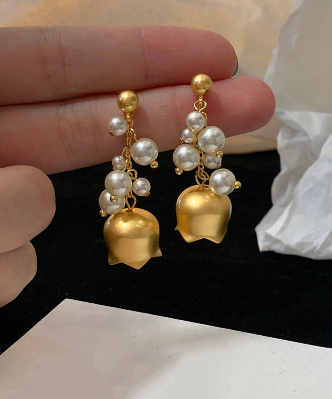 Gold Copper Overgild Pearl Lily of the Valley Tassel Drop Earrings