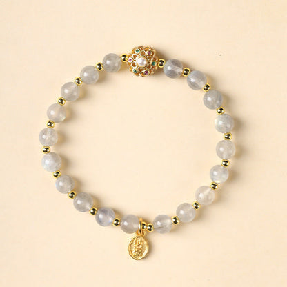 Buddha Stones 14k Gold Plated Natural Strawberry Quartz Labradorite Sun Stone Fu Character Positive Charm Bracelet