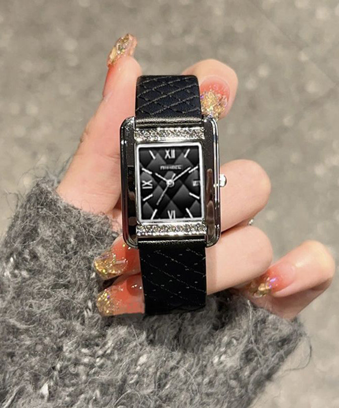 Black Leather Zircon Reinforced Glass Quartz Movement Watches