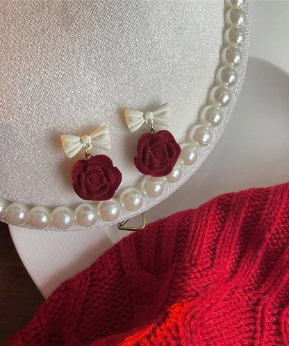 Diy Red Flocking Alloy Rose Flower Bow Drop Earrings