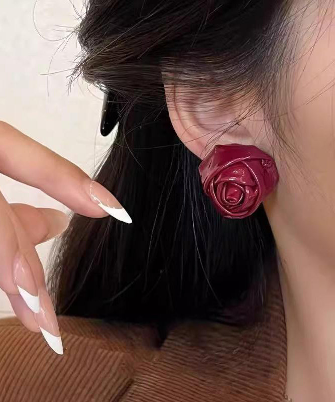 Handmade Red Pu Rose Stud Earrings