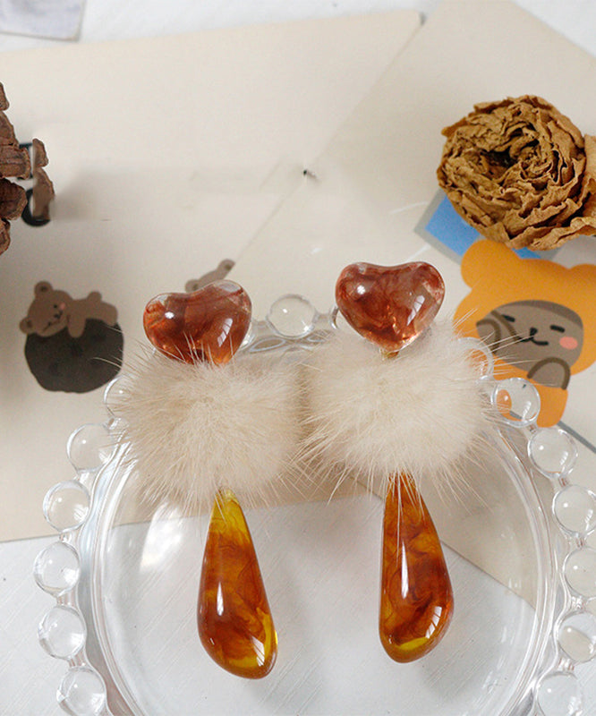 Orange Plastics Resin Fuzzy Ball Decorated Drop Earrings