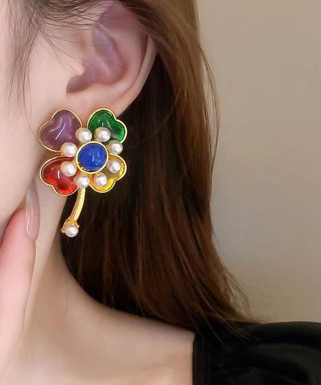 Rainbow Sterling Silver Overgild Pearl Stud Earrings