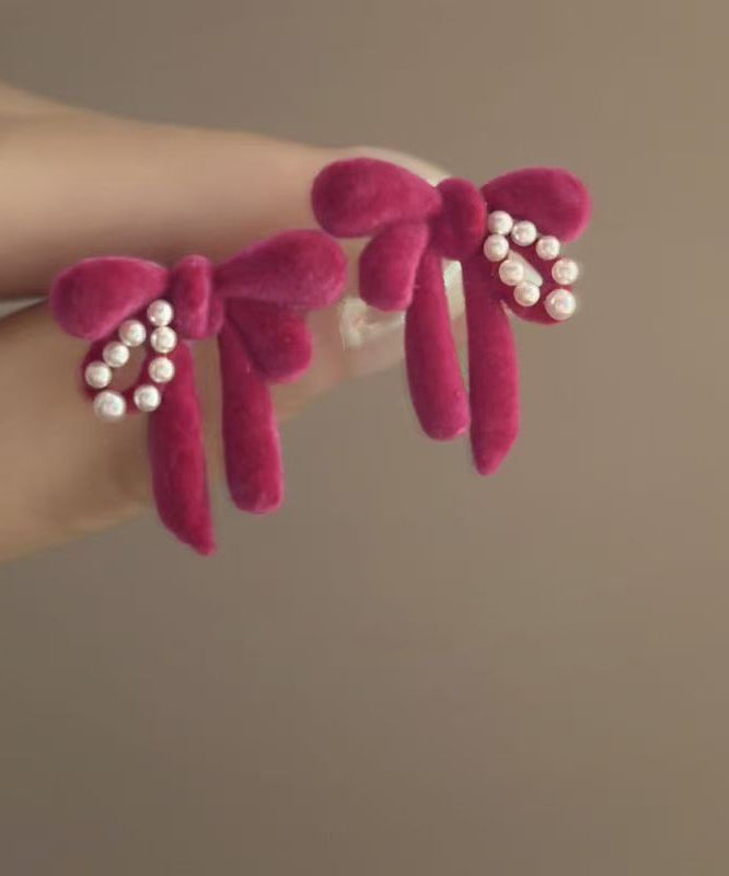 Brief Raspberry Color Alloy Pearl Flockin Butterfly Stud Earrings