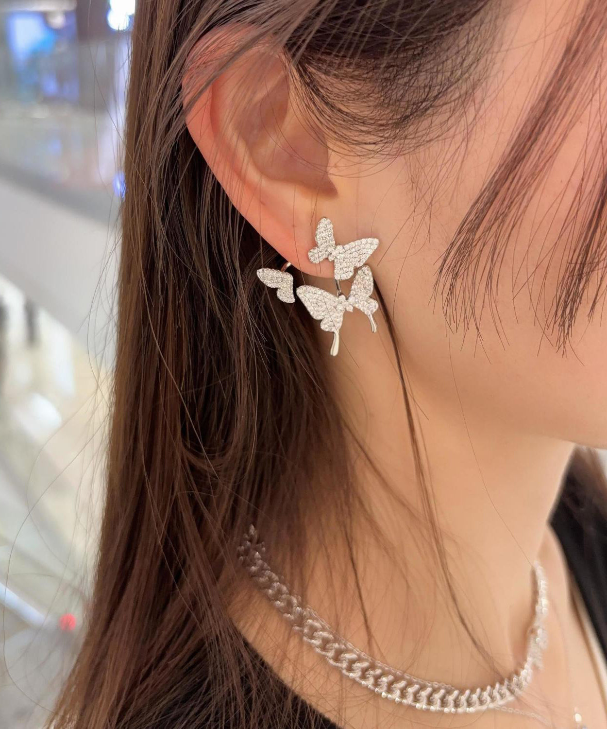 Modern Silk Sterling Silver Zircon Butterfly Stud Earrings