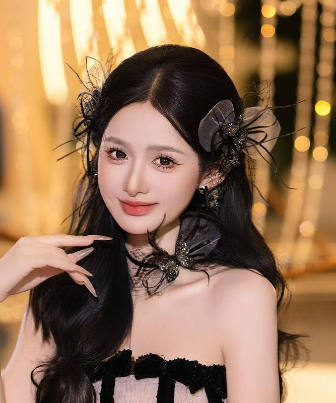 Stylish Black Feather Tulle Tassel a Pair Hairpin