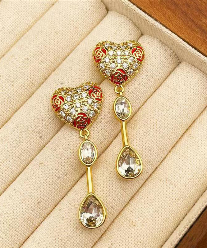 Gold Copper Overgild Zircon Glass Love Tassel Drop Earrings