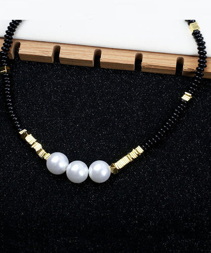 Black Alloy Pearl Beading Gratuated Bead Necklace