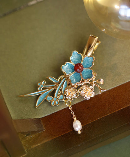 Chinese Style Blue Sterling Silver Overgild Pearl Tassel Hairpin