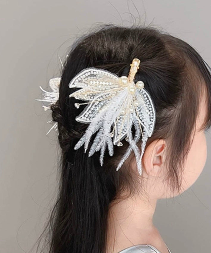 Stylish White Overgild Pearl Feather Tulle Hairpin Two Piece Set