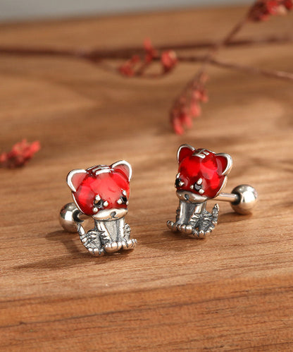 Red Little Tiger Shape Silver Stud Earrings