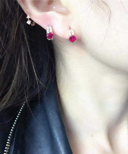 Rose Alloy Inlaid Gem Stone Zircon Hoop Earrings