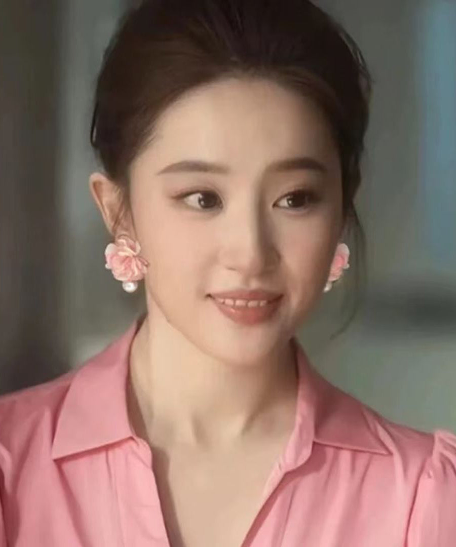 Pink Cloth Pearl Stud Earrings