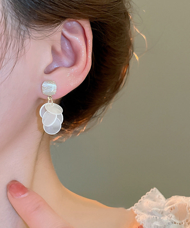 White Copper Cat's Eye Stone Shell Tassel Drop Earrings
