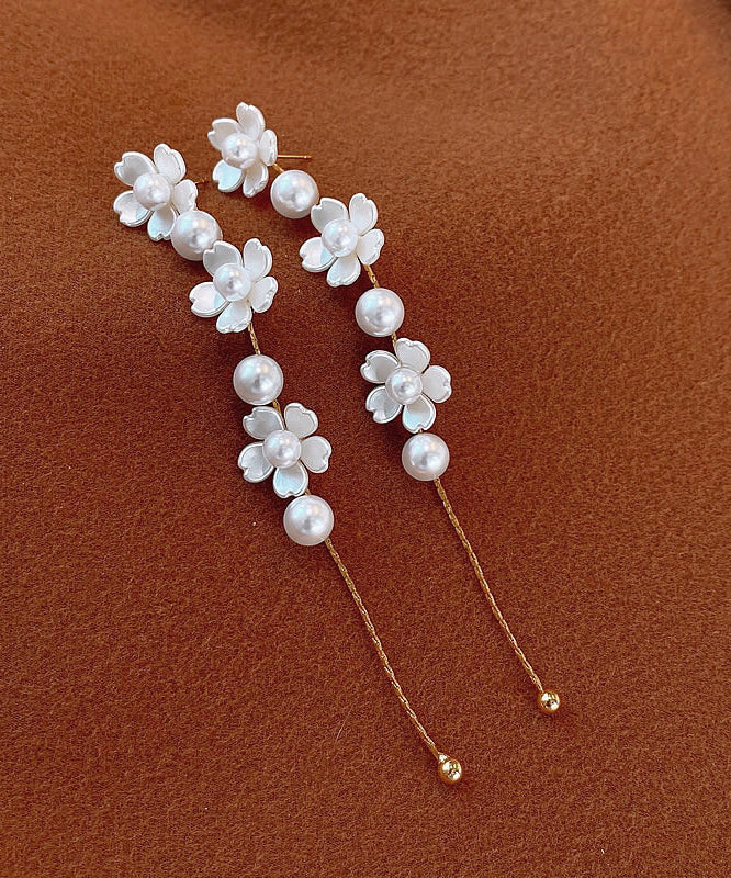 Classy White Copper Pearl Tassel Drop Earrings