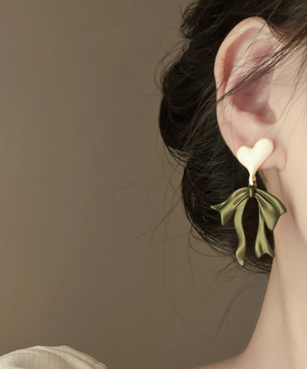 Green Metal Love Bow Drop Earrings