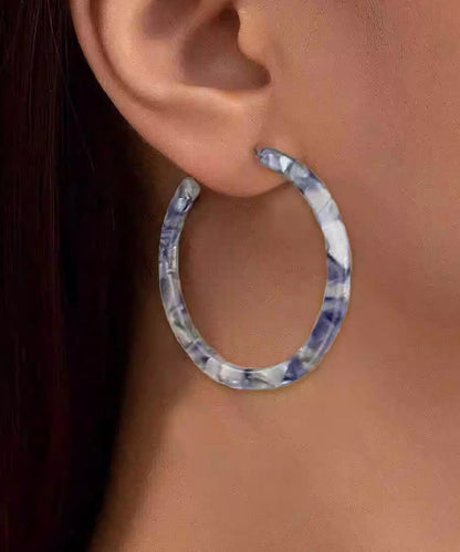 Oversize Blue Print C Type Geometry Hoop Earrings