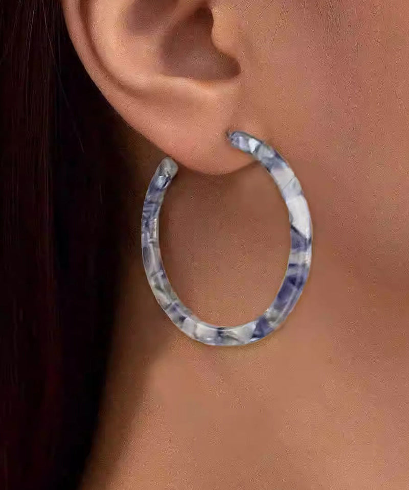 Oversize Blue Print C Type Geometry Hoop Earrings