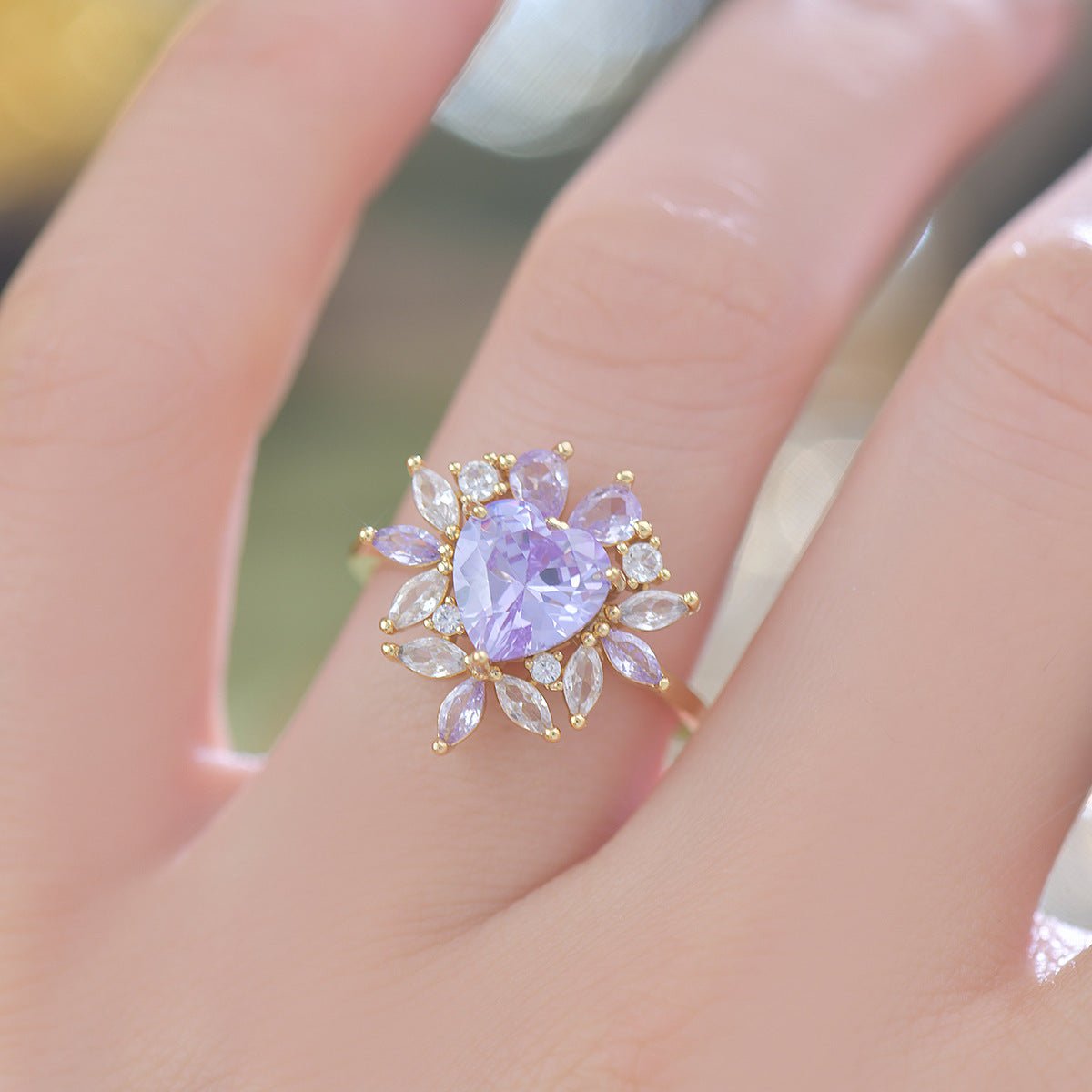 Amethyst Fleur Heart Ring