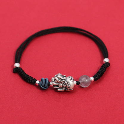 Buddha Stones 999 Sterling Silver Pixiu Strawberry Quartz Bead Wealth Luck Braided Bracelet