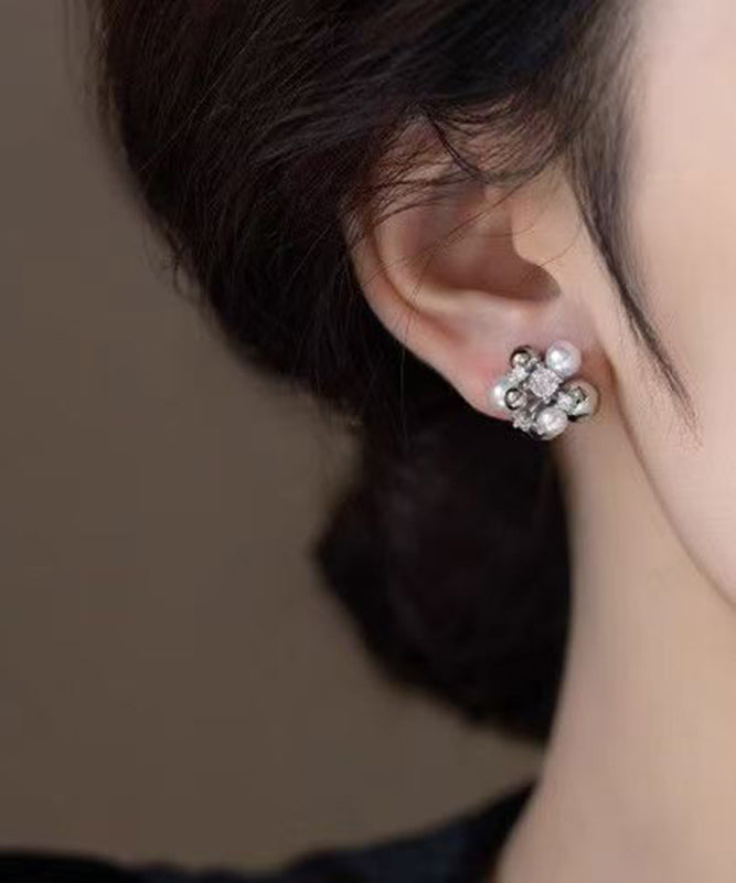 Colorblock Copper Zircon Pearl Stud Earrings