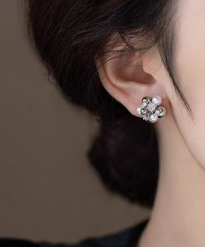 Colorblock Copper Zircon Pearl Stud Earrings