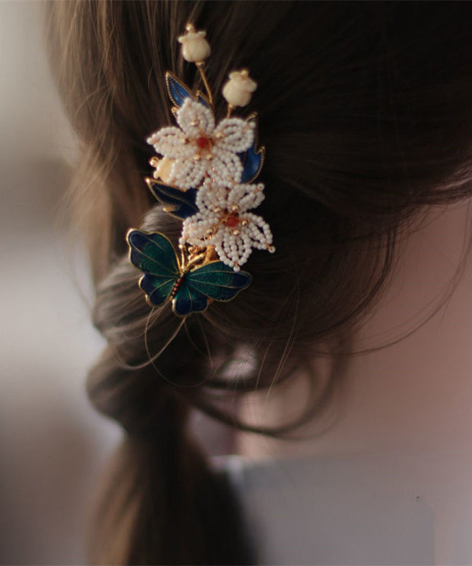 Blue Sterling Silver Overgild Pearl Cloisonne Hairpin