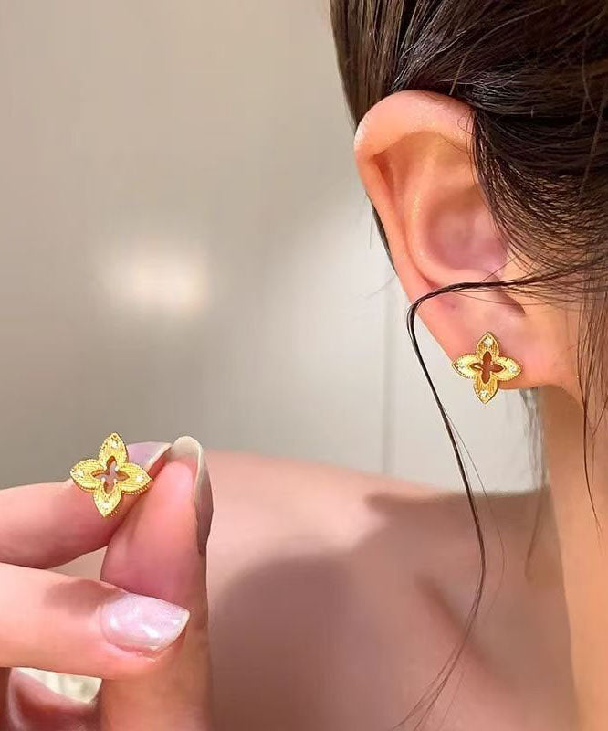 Art Gold Copper Overgild Zircon Hollow Out Stud Earrings